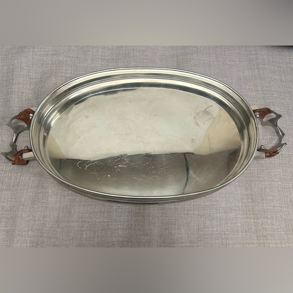Equestrian Horse-bit Metal/Leather Handles Oval Nickel-like Serving Tray#1110251 - Picture 2 of 12